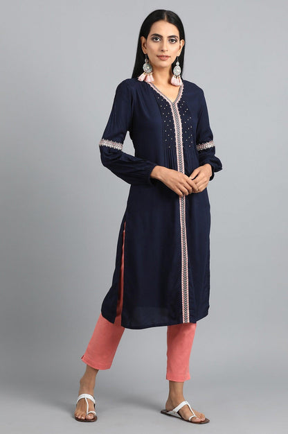 Blue V-Neck Gathered kurta - wforwoman