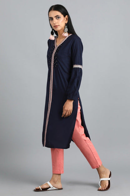 Blue V-Neck Gathered kurta - wforwoman