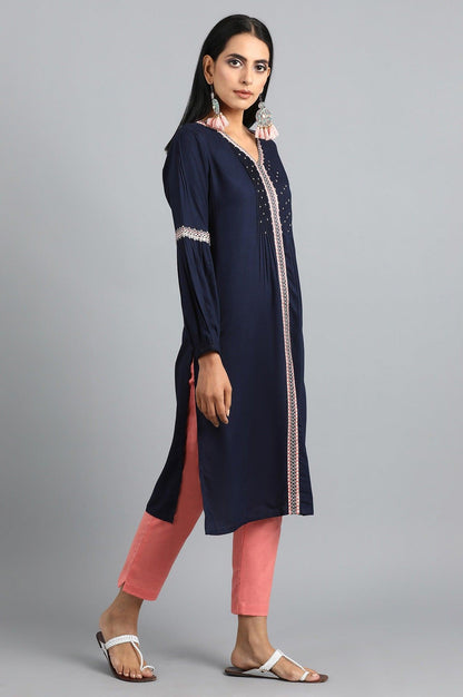 Blue V-Neck Gathered kurta - wforwoman