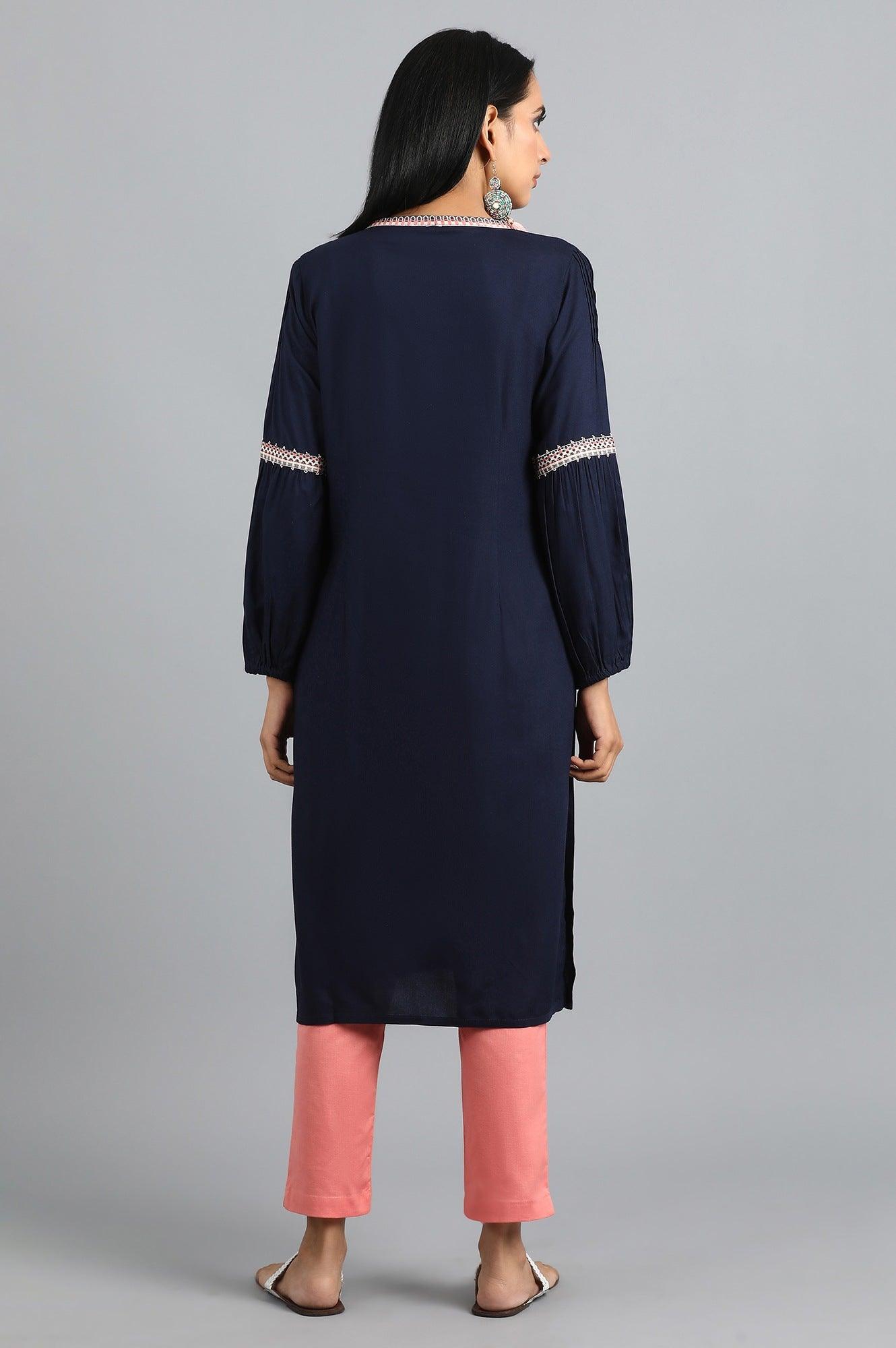 Blue V-Neck Gathered kurta - wforwoman