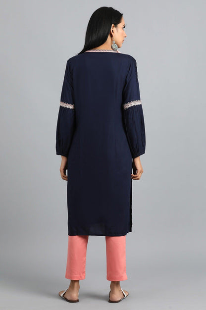 Blue V-Neck Gathered kurta - wforwoman