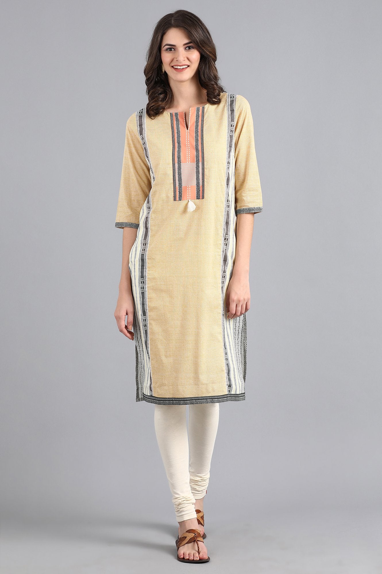 Yellow Round Neck Printed kurta
