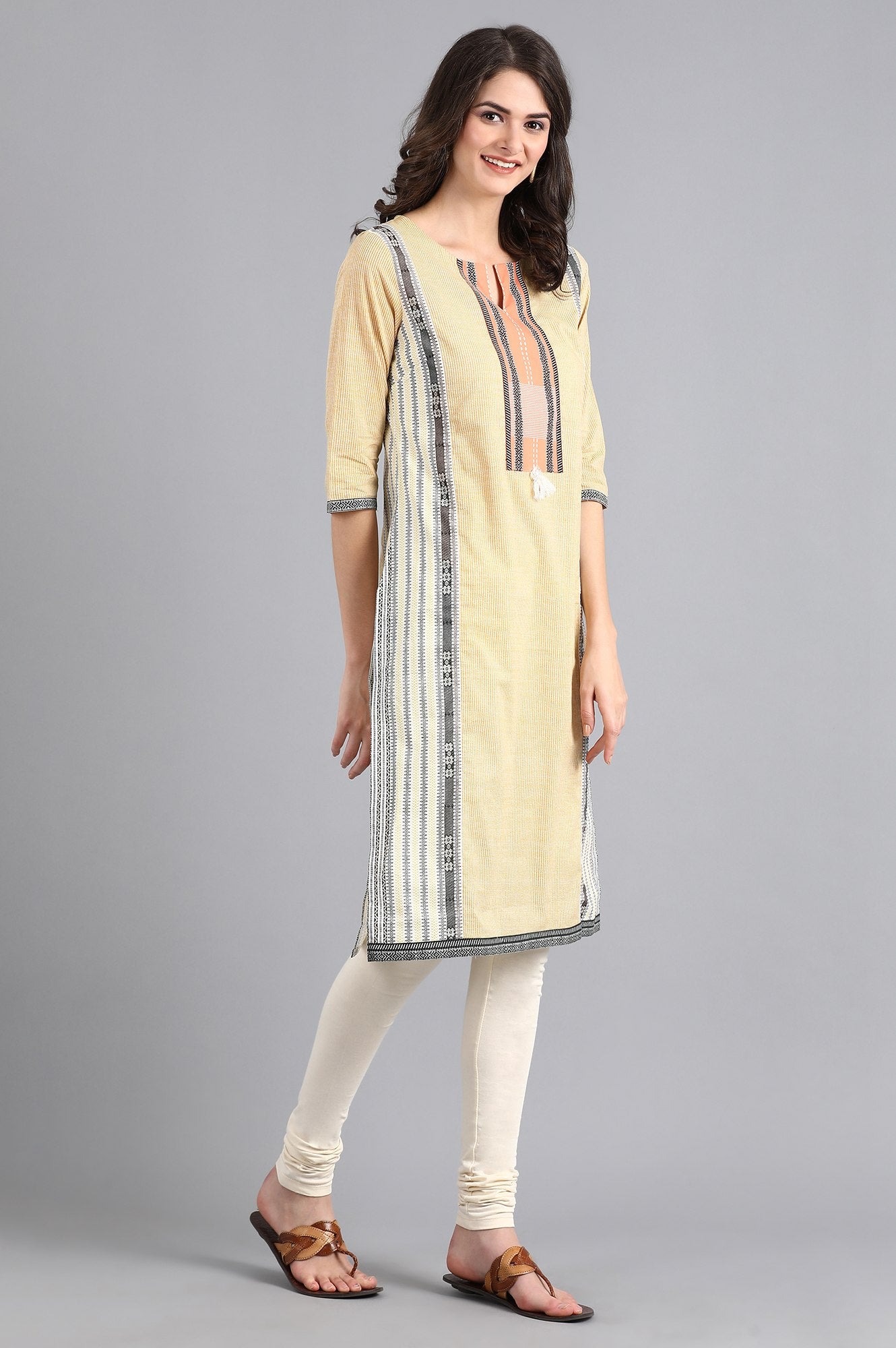 Yellow Round Neck Printed kurta