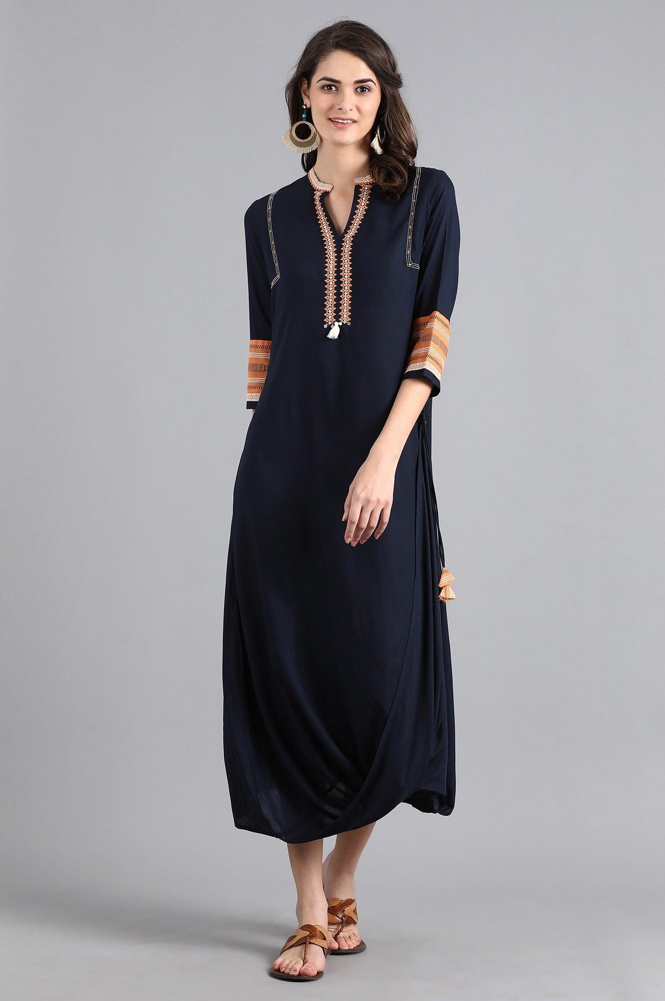 Blue Mandarin Neck Cowl Dress - wforwoman