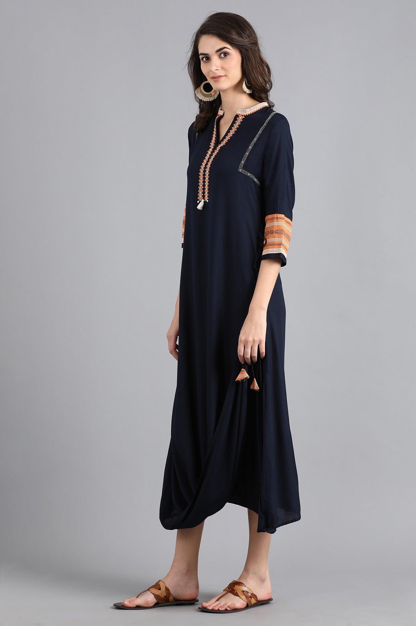 Blue Mandarin Neck Cowl Dress - wforwoman