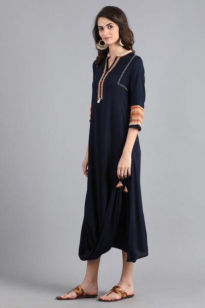 Blue Mandarin Neck Cowl Dress - wforwoman