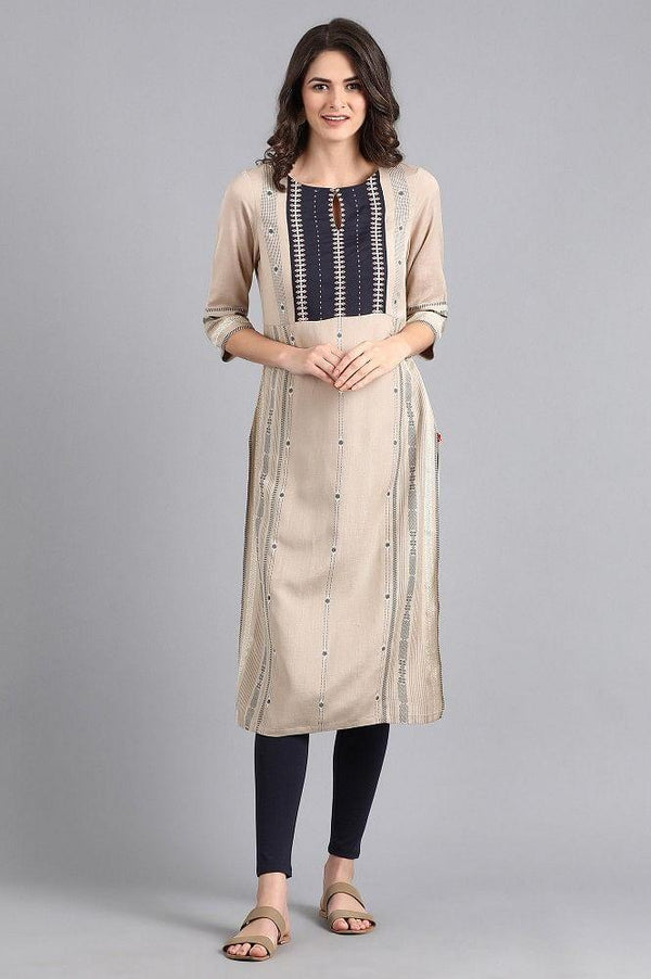 Beige Mandarin Neck Embroidered kurta