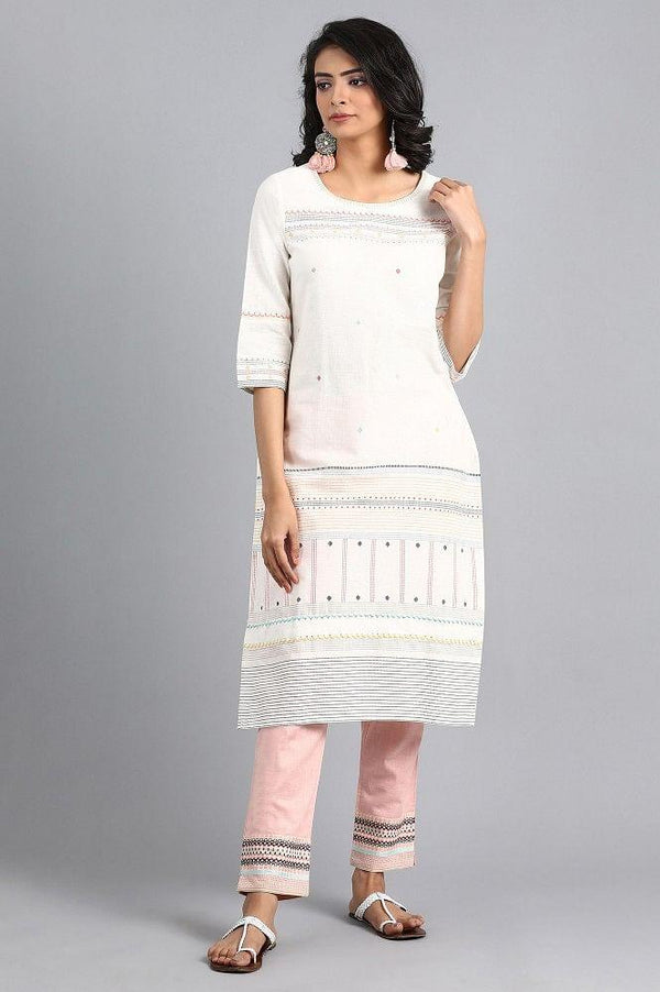 White Round Neck Printed kurta