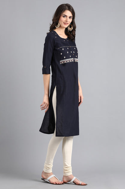 Blue Round Neck Embroidered kurta