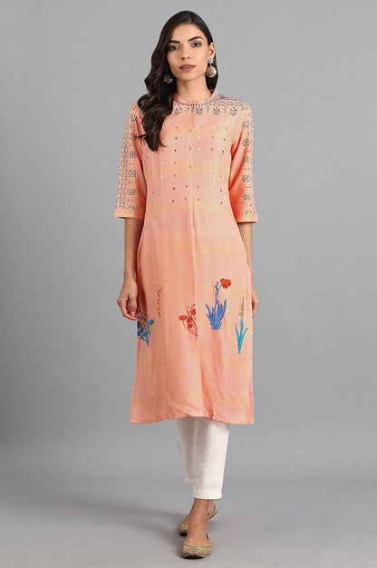 Pink Mandarin Neck Floral Print kurta - wforwoman