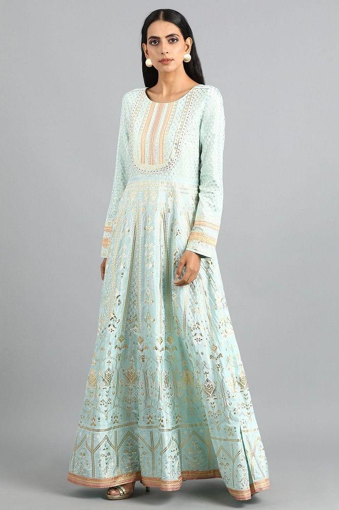 Blue Round Neck Printed Dress - wforwoman