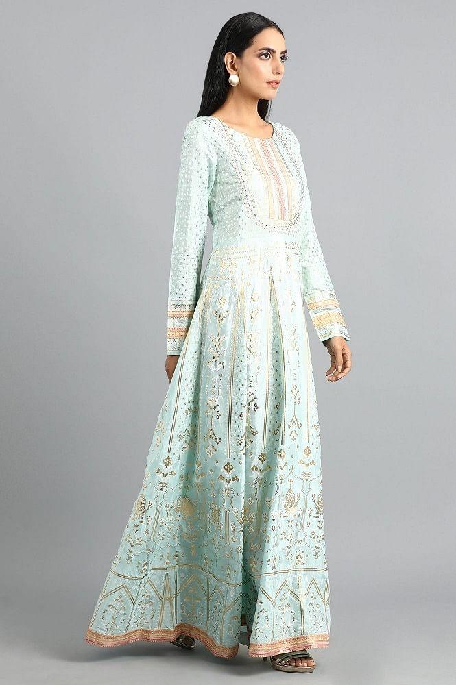 Blue Round Neck Printed Dress - wforwoman