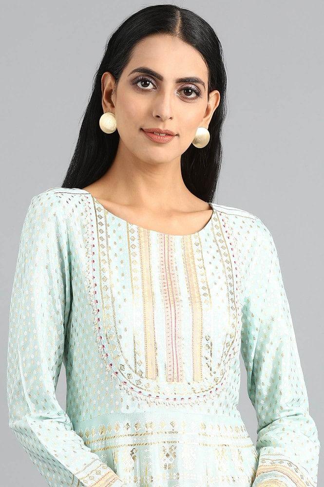 Blue Round Neck Printed Dress - wforwoman