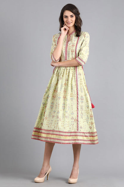 Lime Green Printed Gathered Dress - wforwoman