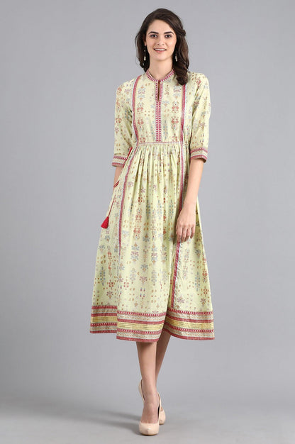Lime Green Printed Gathered Dress - wforwoman