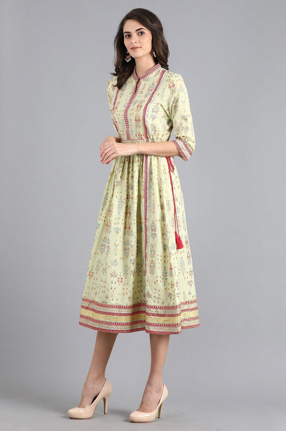 Lime Green Printed Gathered Dress - wforwoman