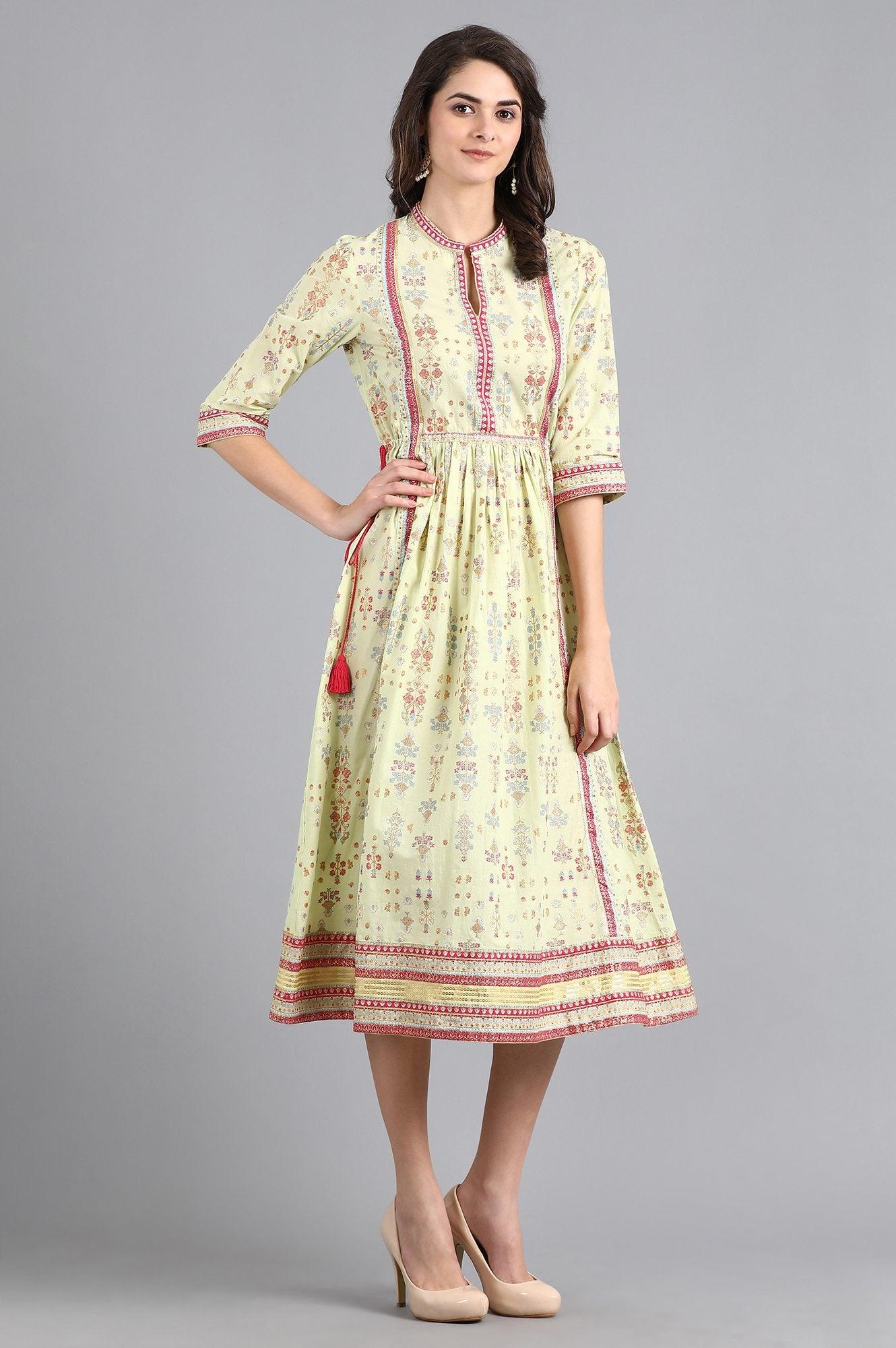 Lime Green Printed Gathered Dress - wforwoman