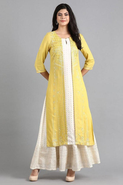 Yellow Round Neck Printed kurta - wforwoman
