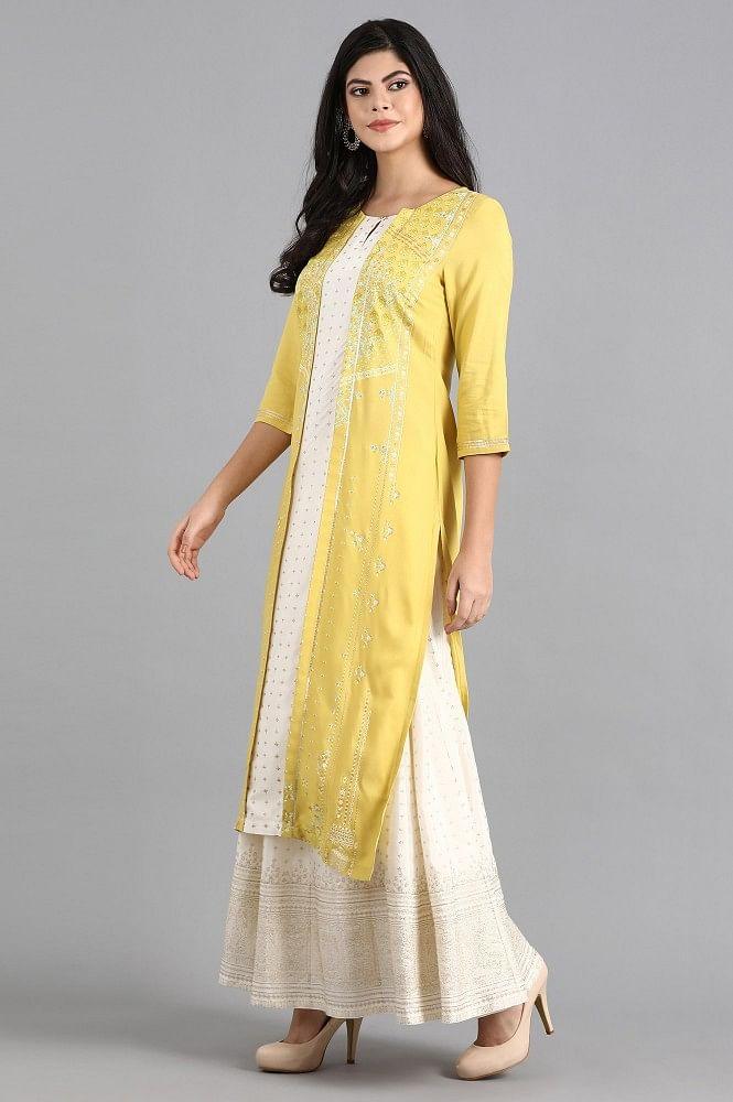 Yellow Round Neck Printed kurta - wforwoman