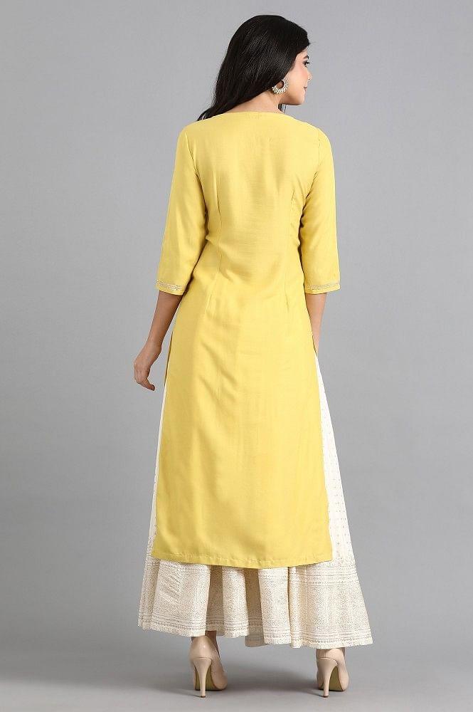 Yellow Round Neck Printed kurta - wforwoman