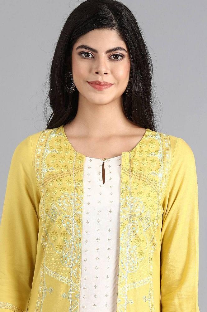 Yellow Round Neck Printed kurta - wforwoman
