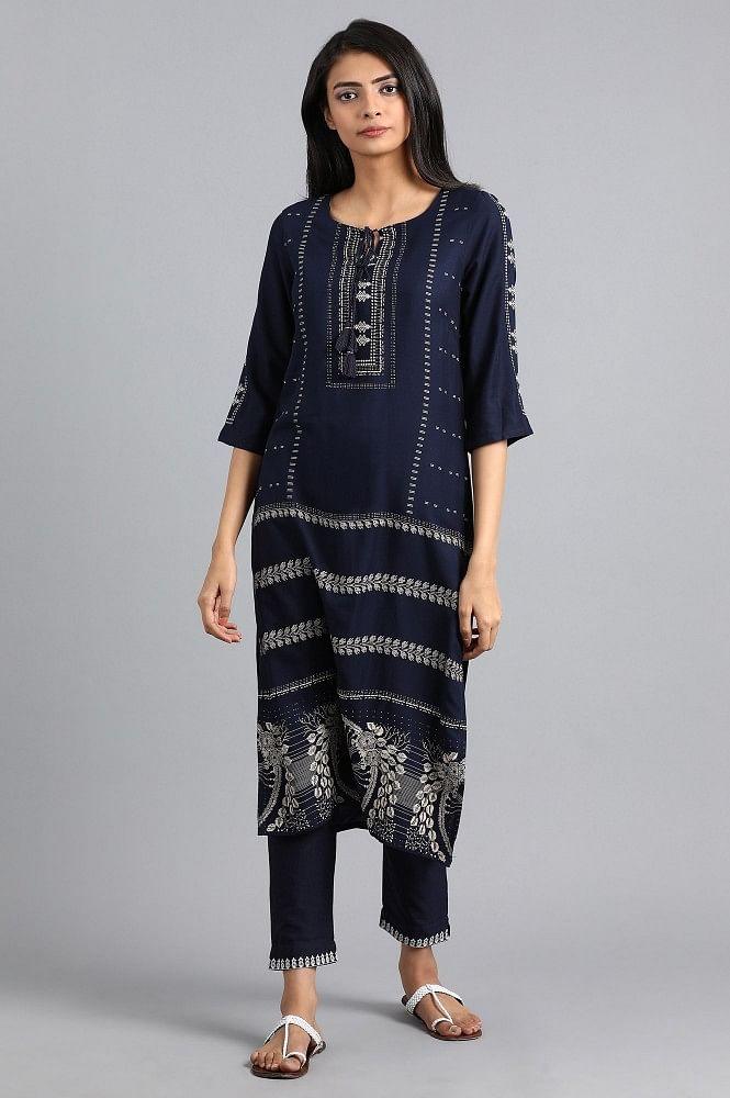 Blue Round Neck Printed kurta - wforwoman