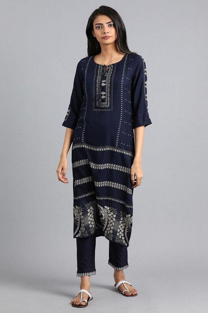 Blue Round Neck Printed kurta - wforwoman
