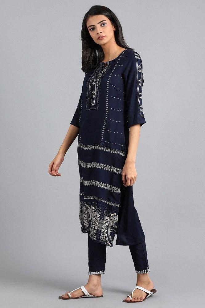 Blue Round Neck Printed kurta - wforwoman