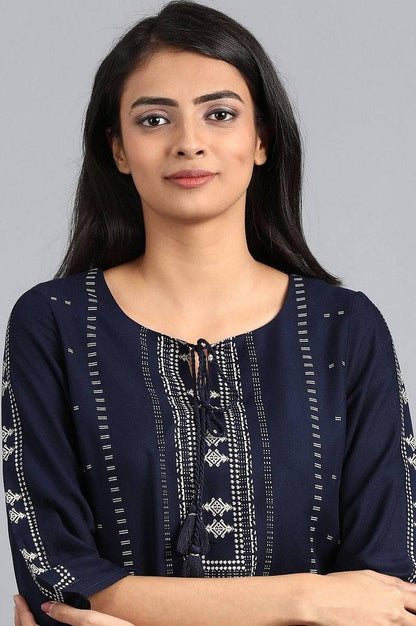 Blue Round Neck Printed kurta - wforwoman