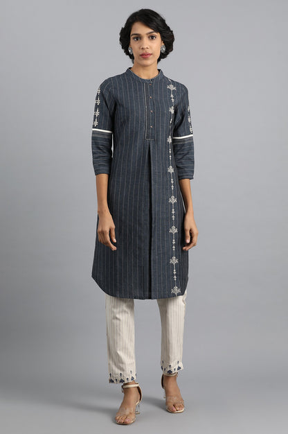 Blue Mandarin Neck Printed kurta