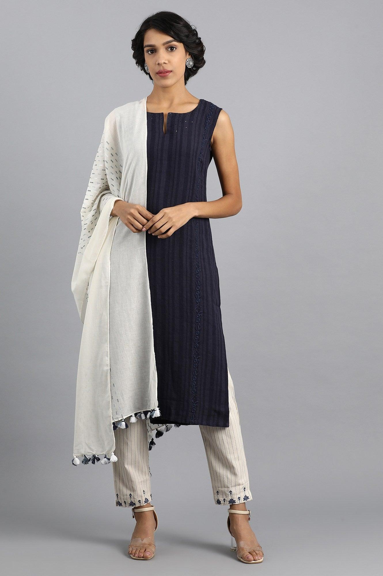 Blue Round Neck Linen kurta - wforwoman