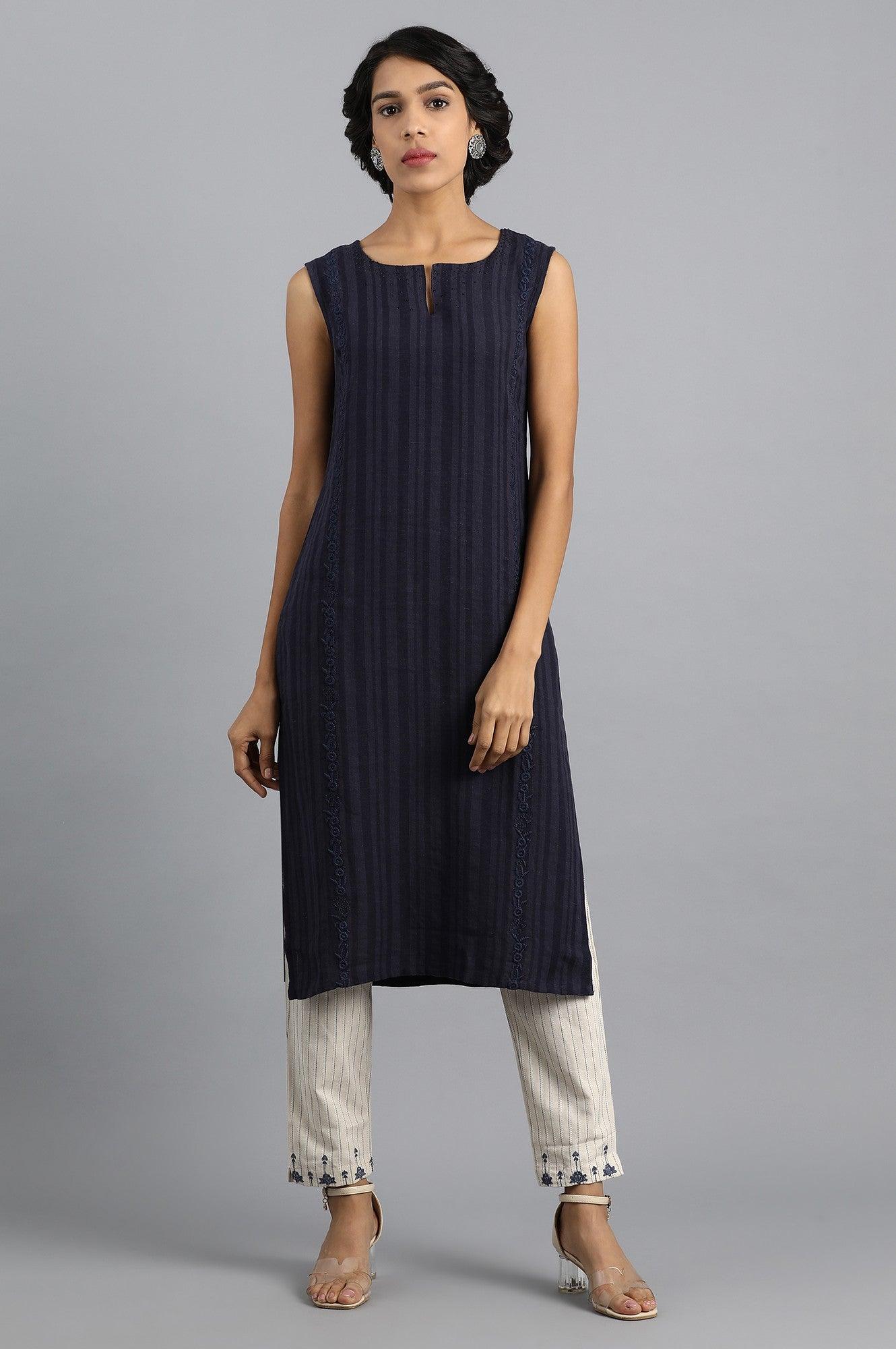 Blue Round Neck Linen kurta - wforwoman