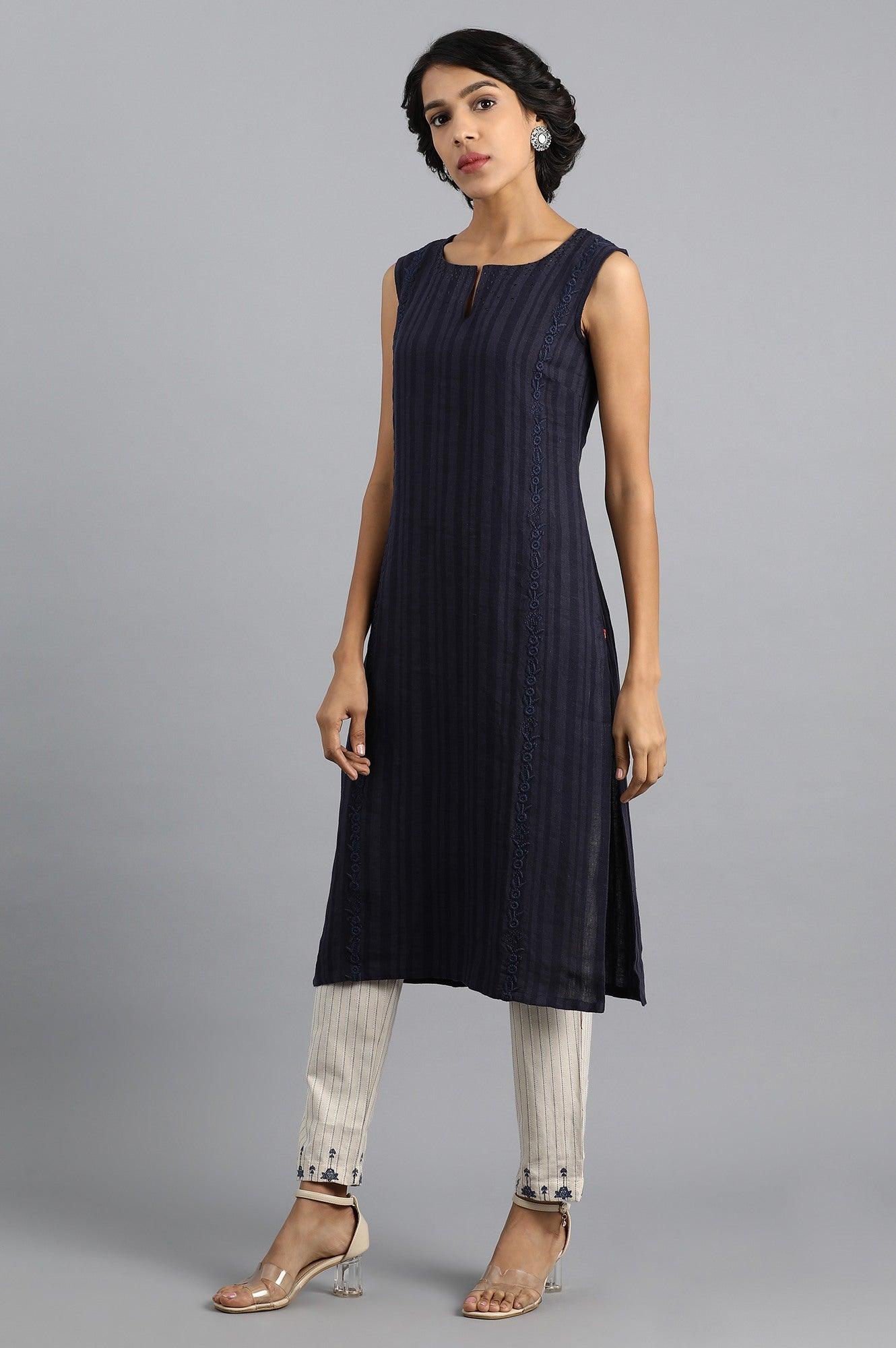 Blue Round Neck Linen kurta - wforwoman