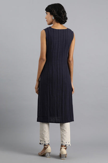 Blue Round Neck Linen kurta - wforwoman