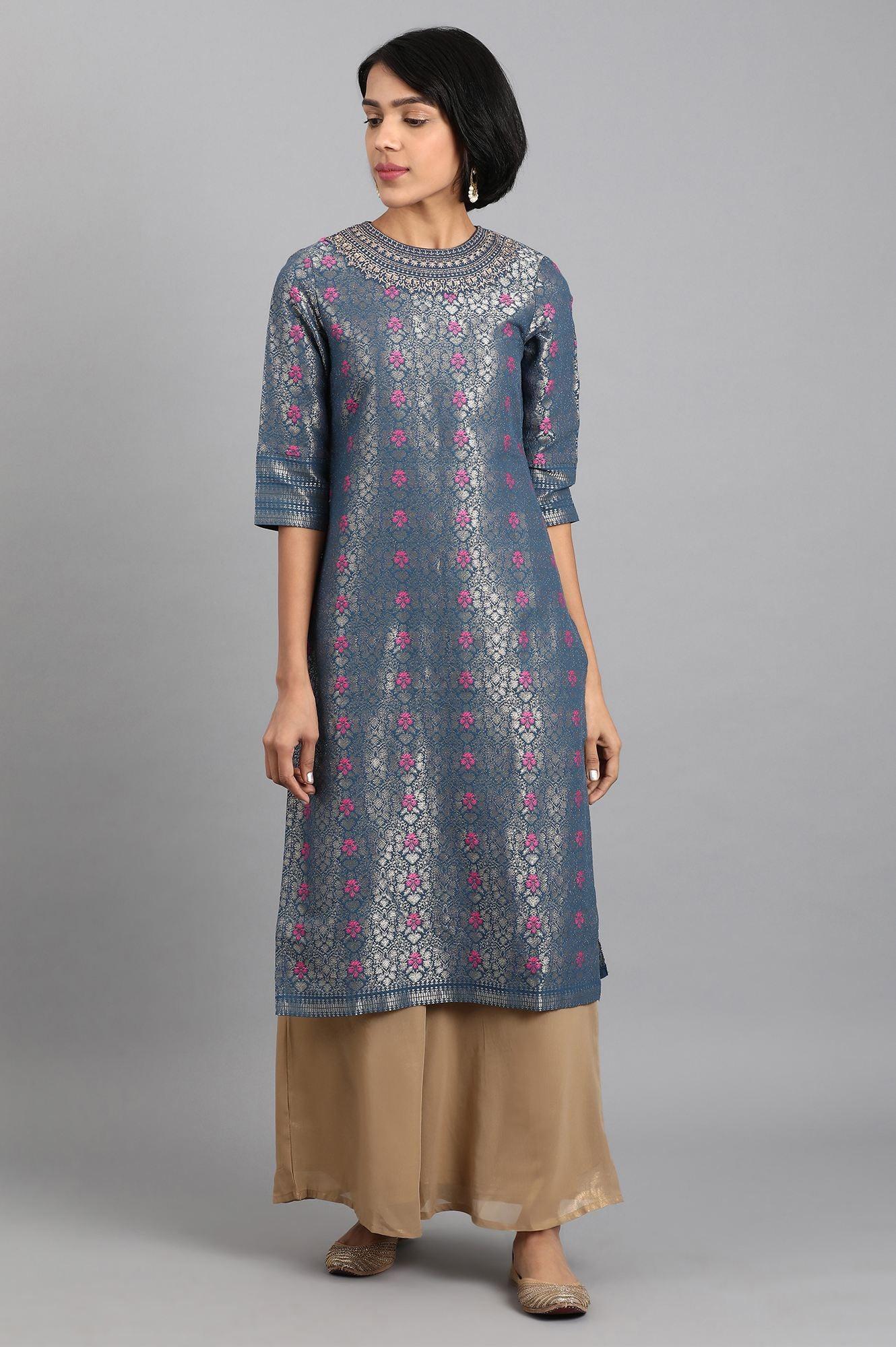Blue Closed Neck Embroidered kurta - wforwoman