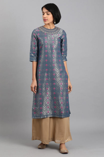 Blue Closed Neck Embroidered kurta - wforwoman
