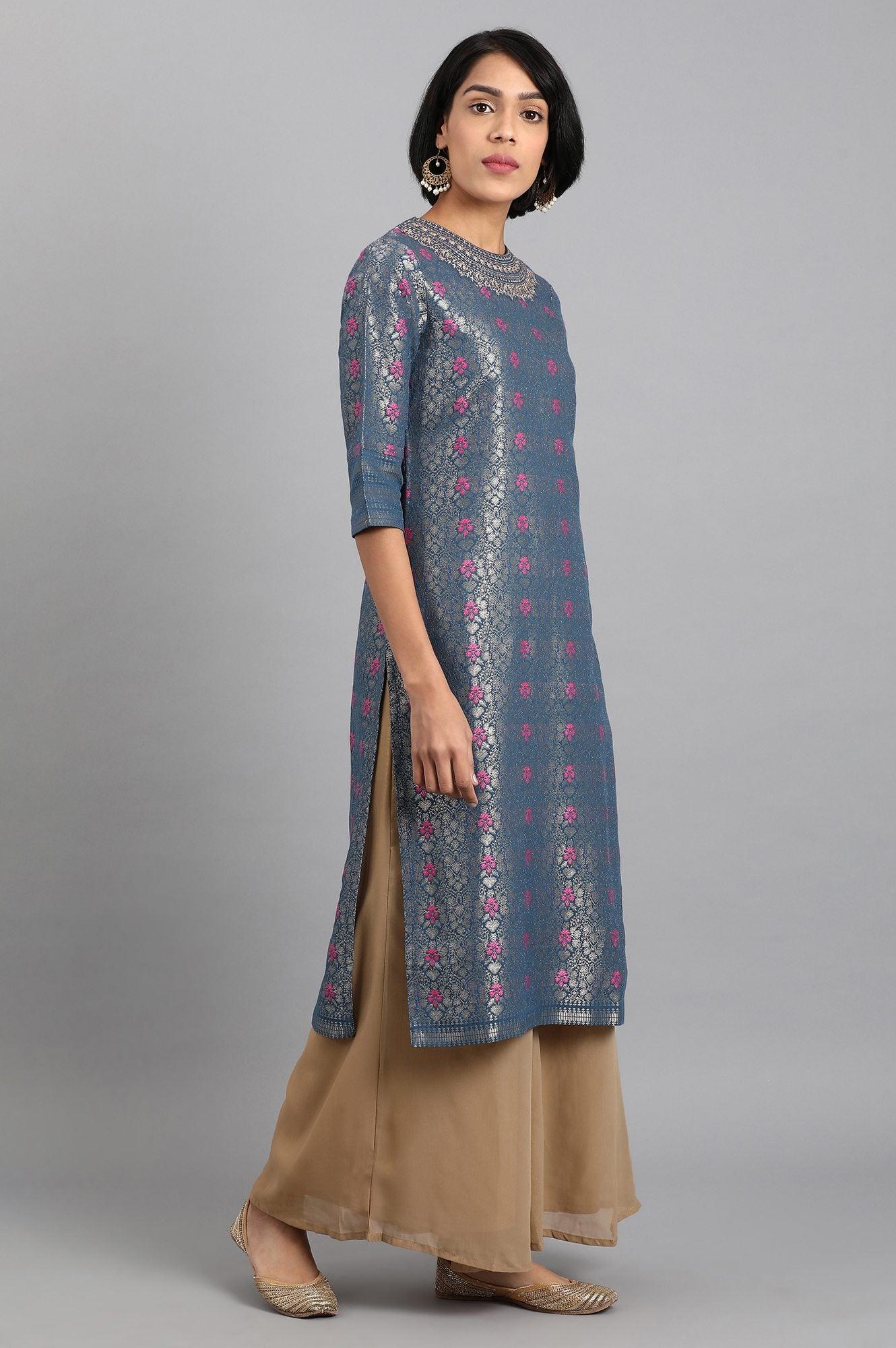 Blue Closed Neck Embroidered kurta - wforwoman