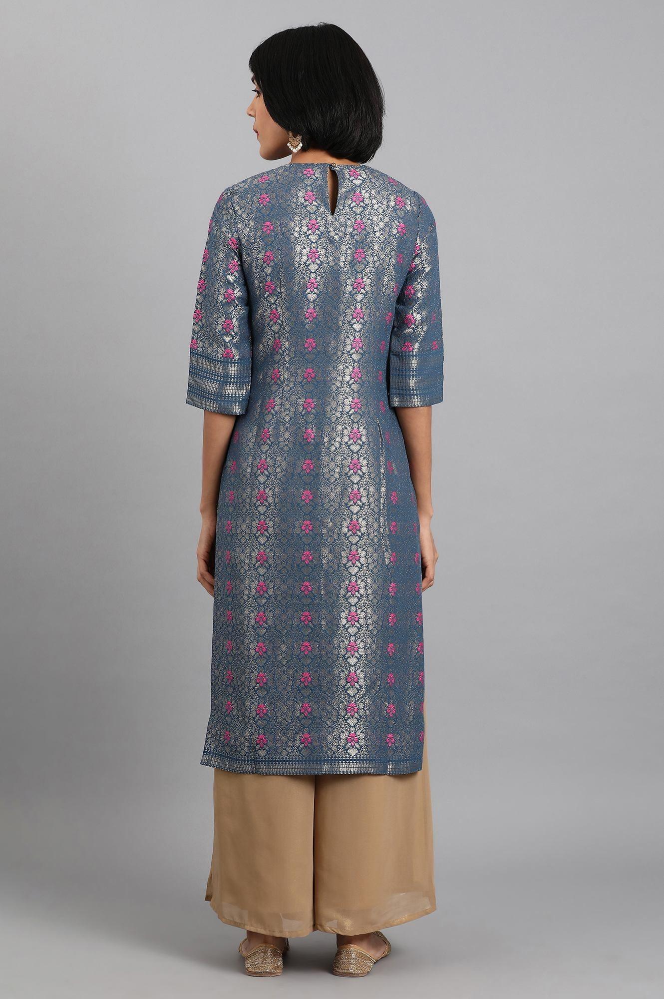 Blue Closed Neck Embroidered kurta - wforwoman