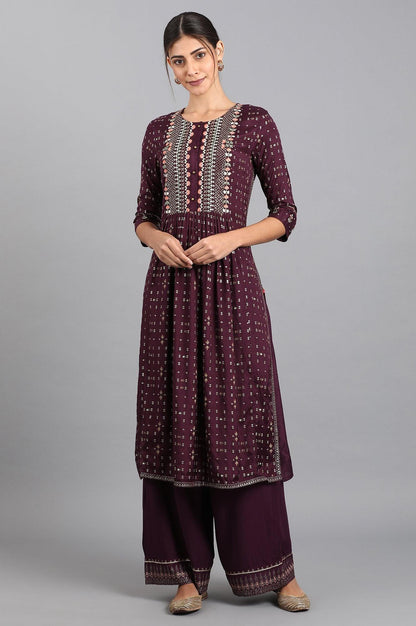 Purple Round Neck Embroidered kurta - wforwoman