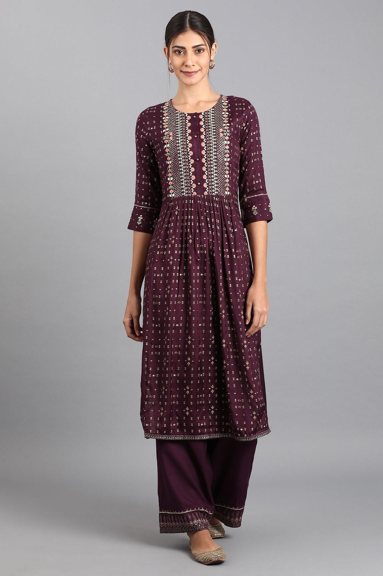 Purple Round Neck Embroidered kurta - wforwoman