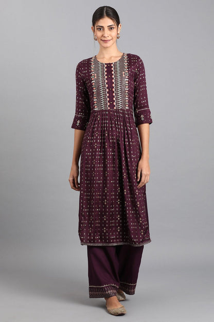 Purple Round Neck Embroidered kurta - wforwoman