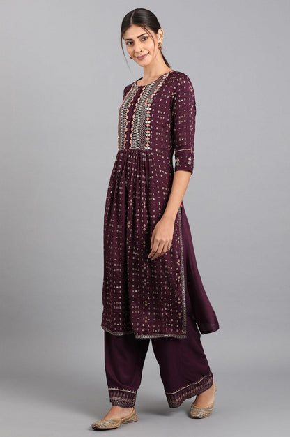 Purple Round Neck Embroidered kurta - wforwoman