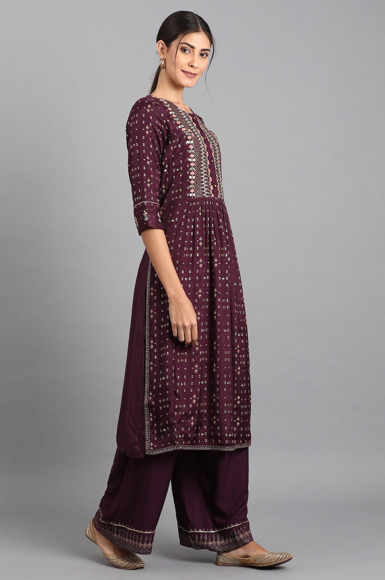 Purple Round Neck Embroidered kurta - wforwoman