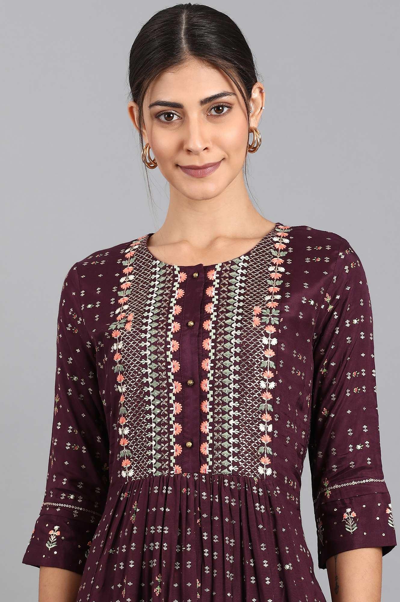 Purple Round Neck Embroidered kurta - wforwoman