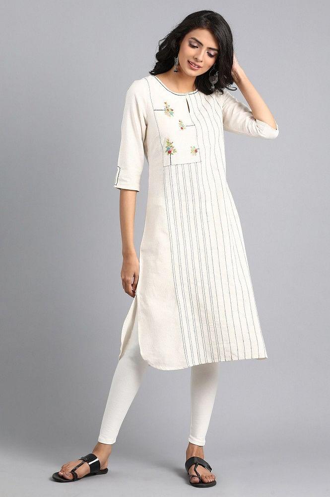 White Mandarin Neck Printed kurta - wforwoman
