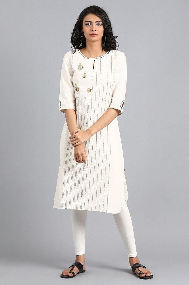 White Mandarin Neck Printed kurta - wforwoman