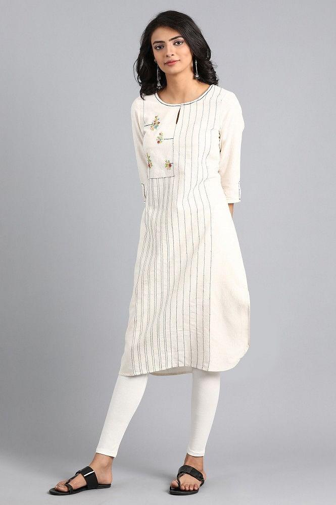 White Mandarin Neck Printed kurta - wforwoman
