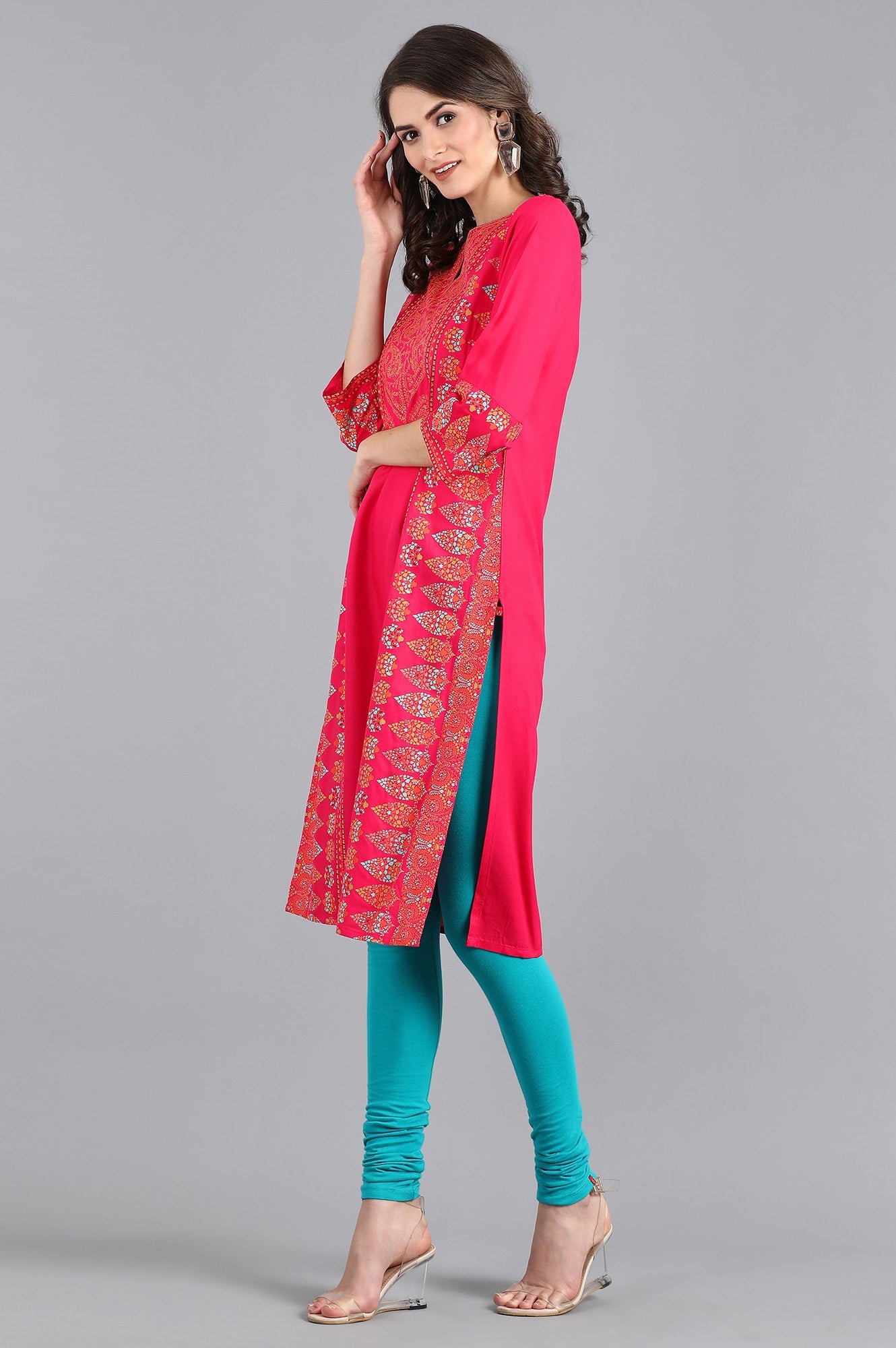 Pink Round Neck Printed kurta