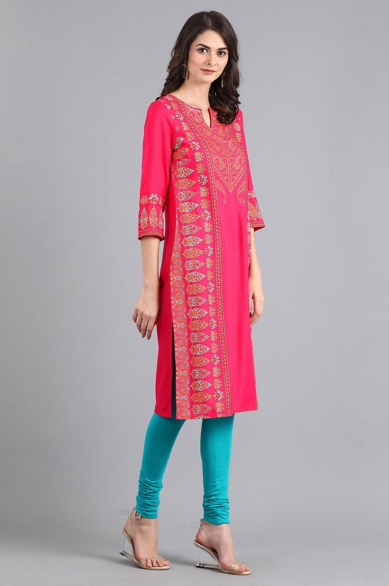 Pink Round Neck Printed kurta