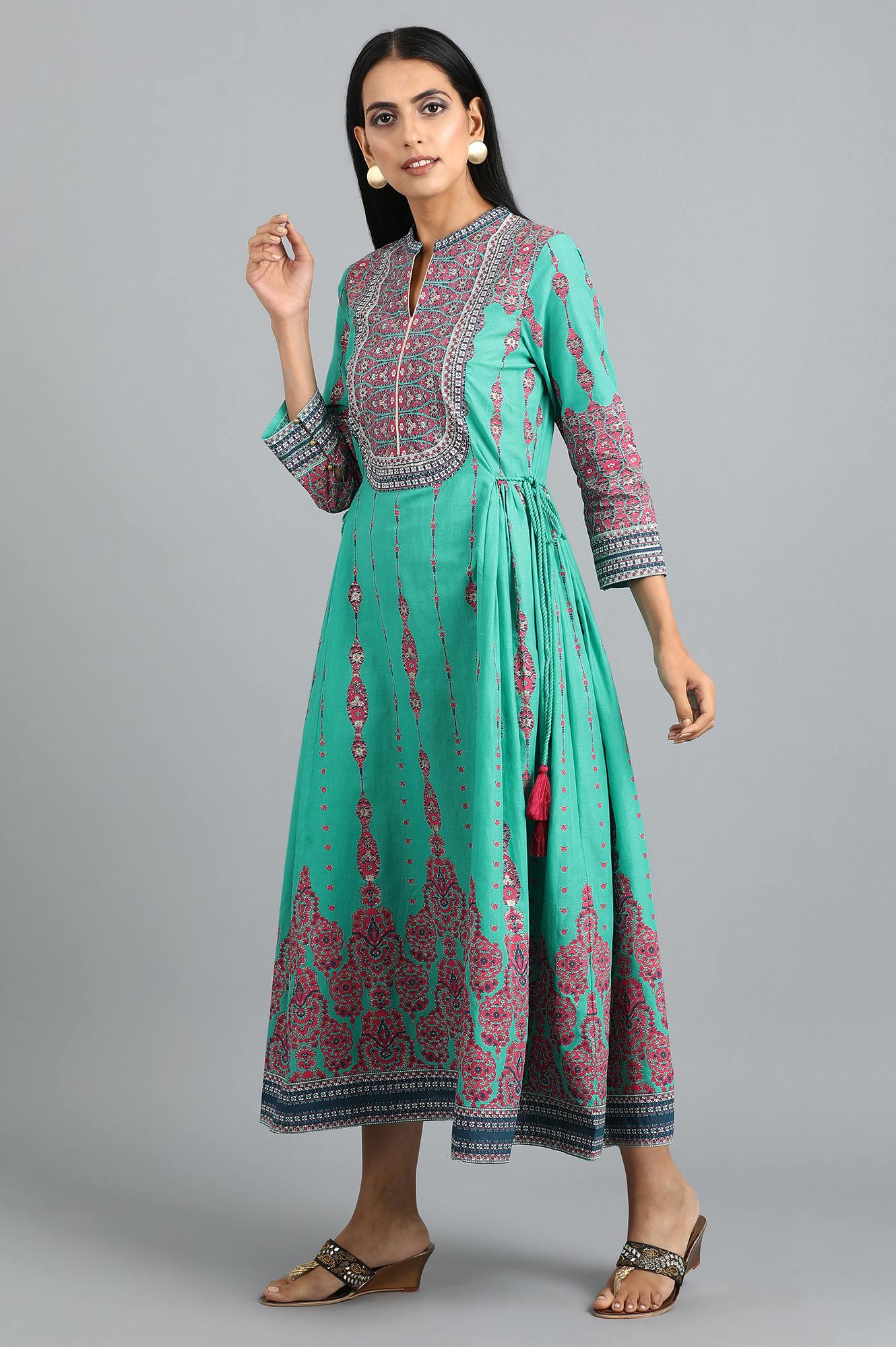 Teal Green Mandarin Neck Printed Dress